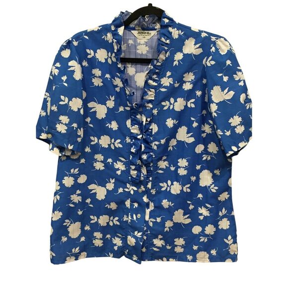 Jonquil Button Up Blouse Blue Floral Womens Size 16 Ruffled Secretary Geek Vtg - Picture 1 of 5